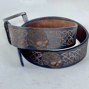 Skull and Celtic Knot Gothic Black Leather Belt Sz 30